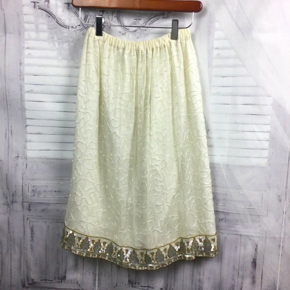 Vintage Beaded Silk Midi Skirt S